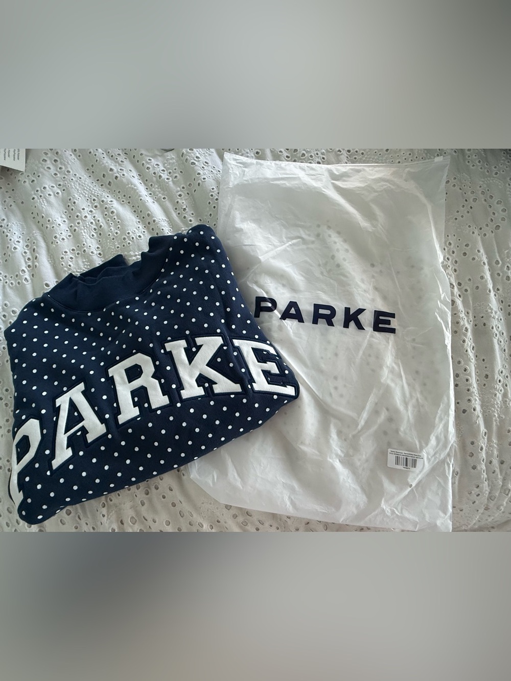 PARKE POLKA DOT LETTER VARSITY DENIM S/M *IN HAND* NEW - Picture 1 of 5